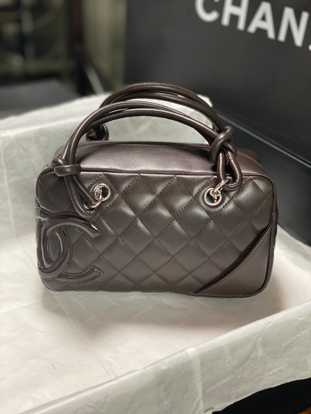 Chanel Cambon Bowler Bag Dark Grey Quilted Lambskin Silver Hardware
