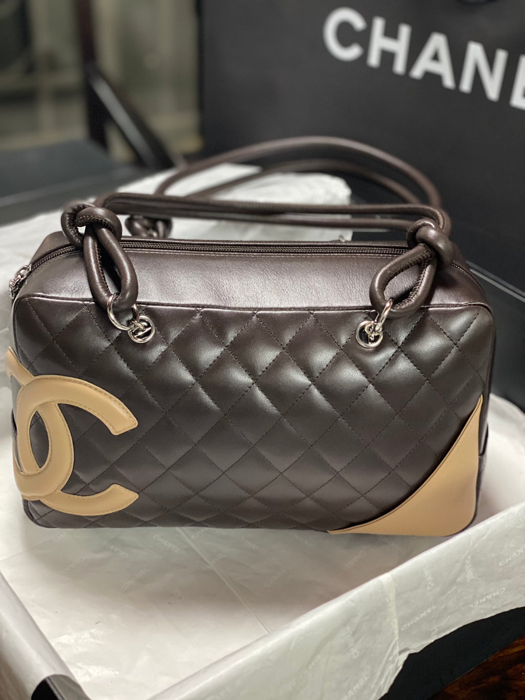 Chanel Cambon Bowler Bag Dark Brown Quilted Lambskin Beige CC Silver Hardware