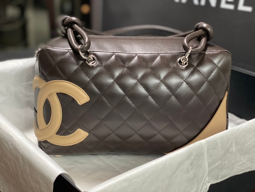 Chanel Cambon Bowler Bag Dark Brown Quilted Lambskin Beige CC Silver Hardware