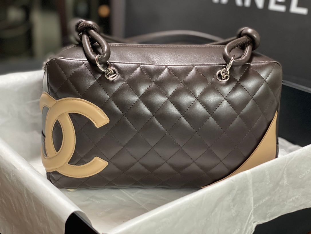 Chanel Cambon Bowler Bag Dark Brown Quilted Lambskin Beige CC Silver Hardware