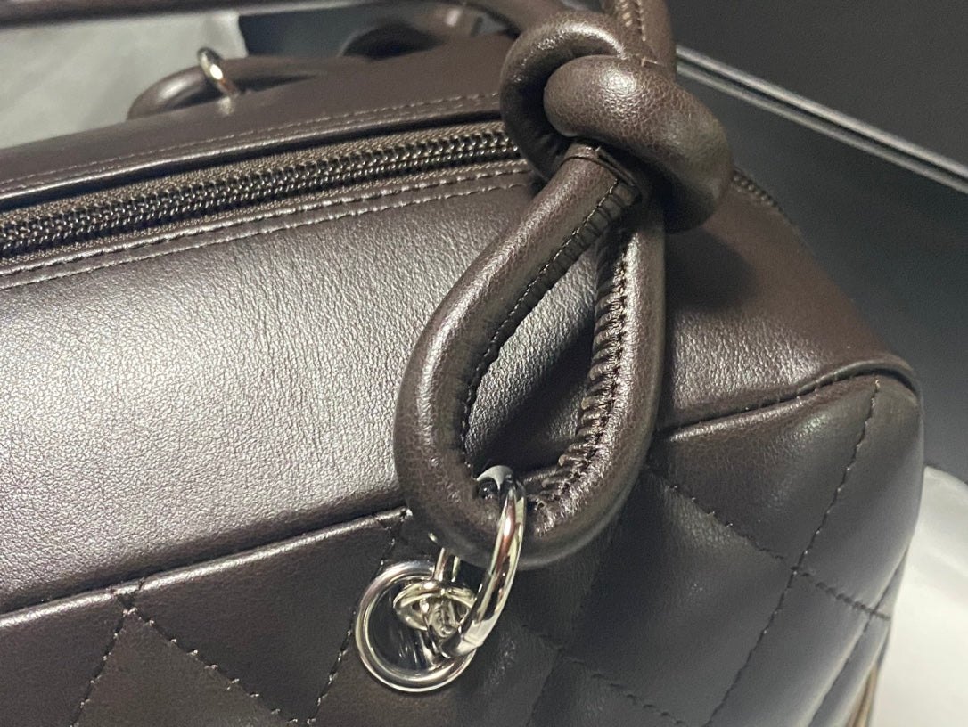 Chanel Cambon Bowler Bag Dark Brown Quilted Lambskin Beige CC Silver Hardware