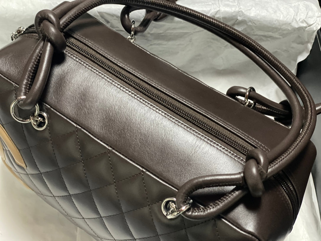 Chanel Cambon Bowler Bag Dark Brown Quilted Lambskin Beige CC Silver Hardware