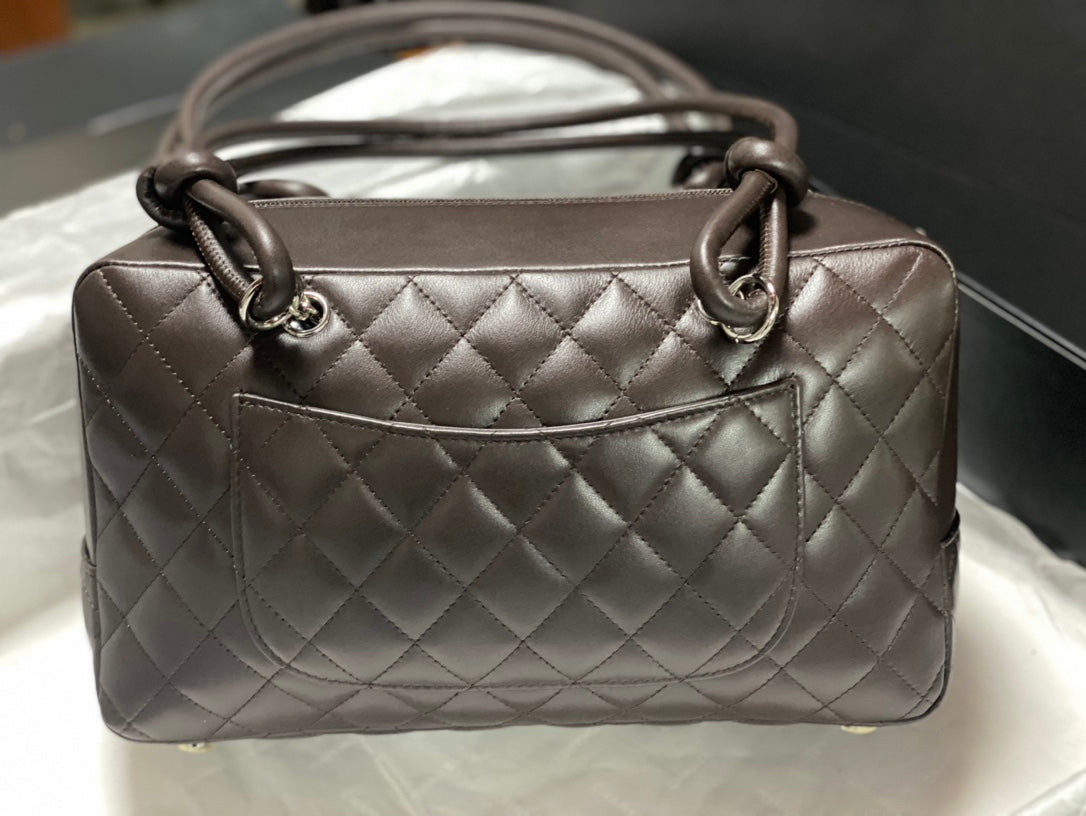 Chanel Cambon Bowler Bag Dark Brown Quilted Lambskin Beige CC Silver Hardware