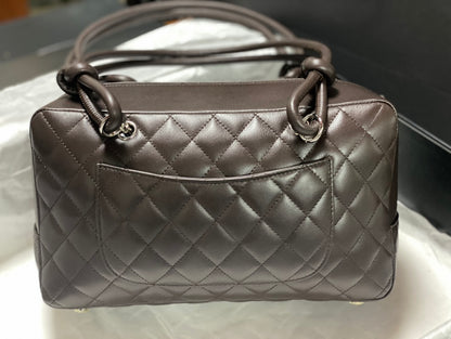 Chanel Cambon Bowler Bag Dark Brown Quilted Lambskin Beige CC Silver Hardware