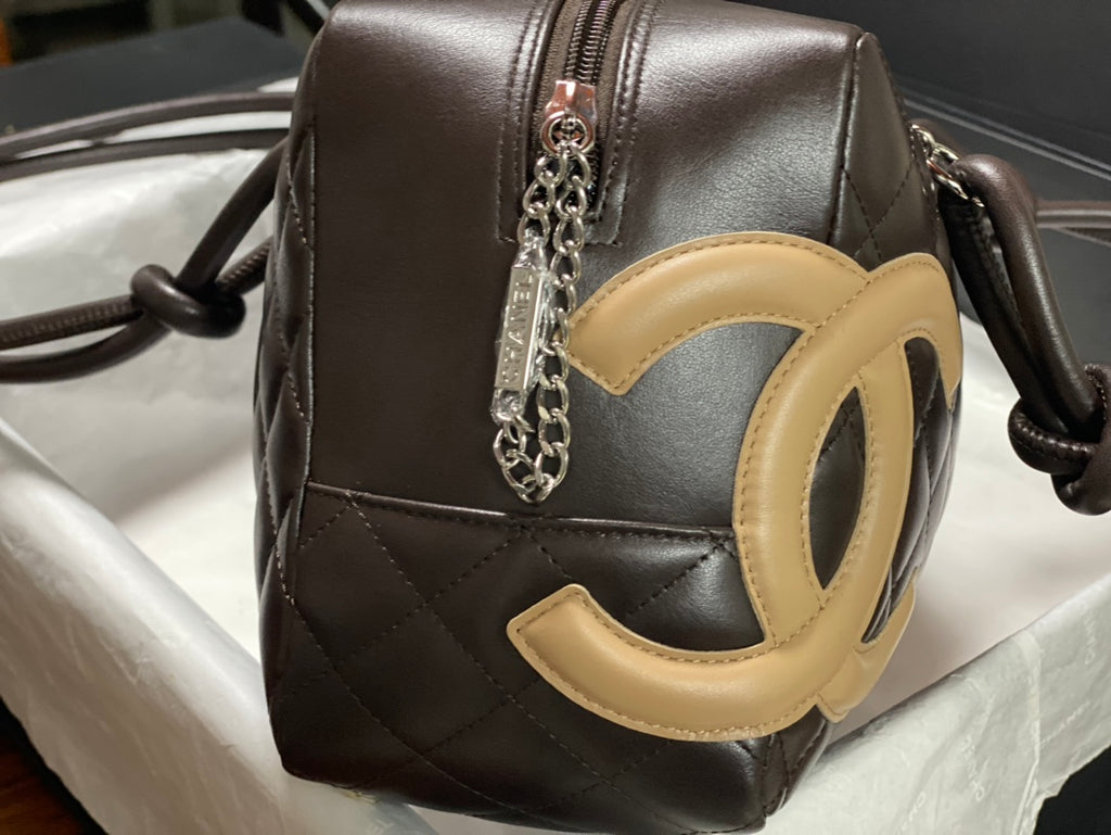 Chanel Cambon Bowler Bag Dark Brown Quilted Lambskin Beige CC Silver Hardware
