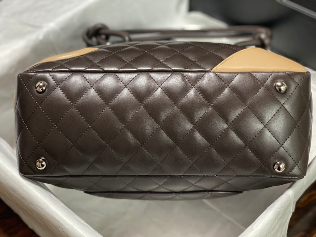Chanel Cambon Bowler Bag Dark Brown Quilted Lambskin Beige CC Silver Hardware