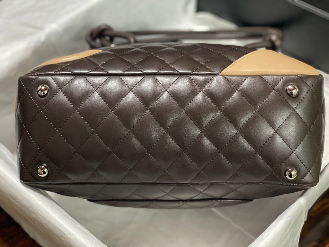 Chanel Cambon Bowler Bag Dark Brown Quilted Lambskin Beige CC Silver Hardware