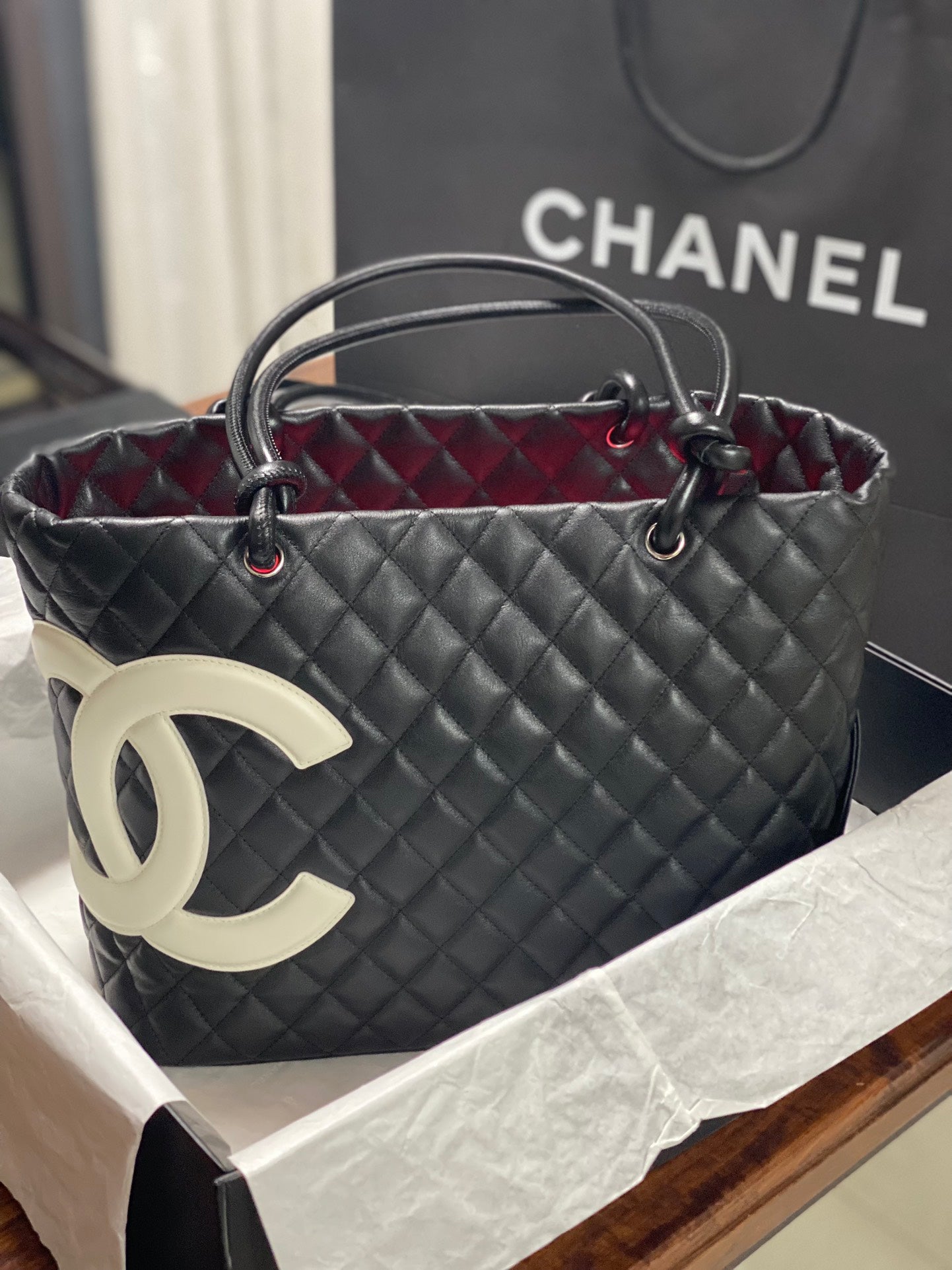 Chanel Cambon Large Tote Bag Black Quilted Lambskin White CC Silver Hardware