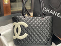 Chanel Cambon Large Tote Bag Black Quilted Lambskin White CC Silver Hardware