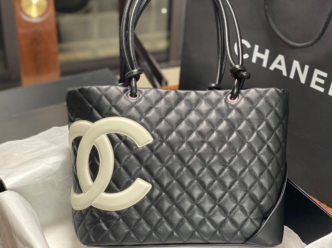 Chanel Cambon Large Tote Bag Black Quilted Lambskin White CC Silver Hardware