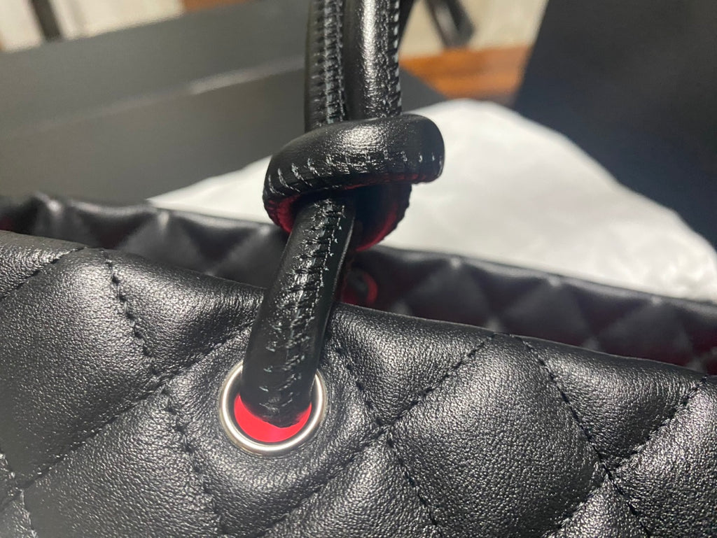 Chanel Cambon Large Tote Bag Black Quilted Lambskin White CC Silver Hardware
