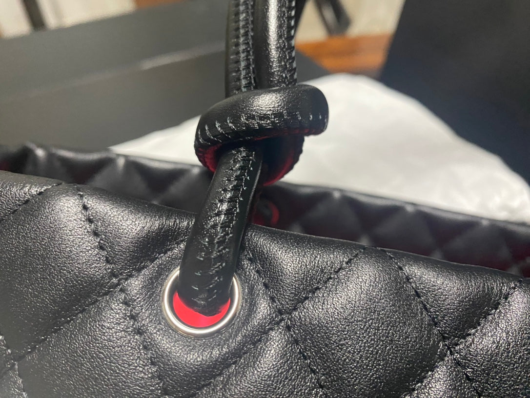 Chanel Cambon Large Tote Bag Black Quilted Lambskin White CC Silver Hardware