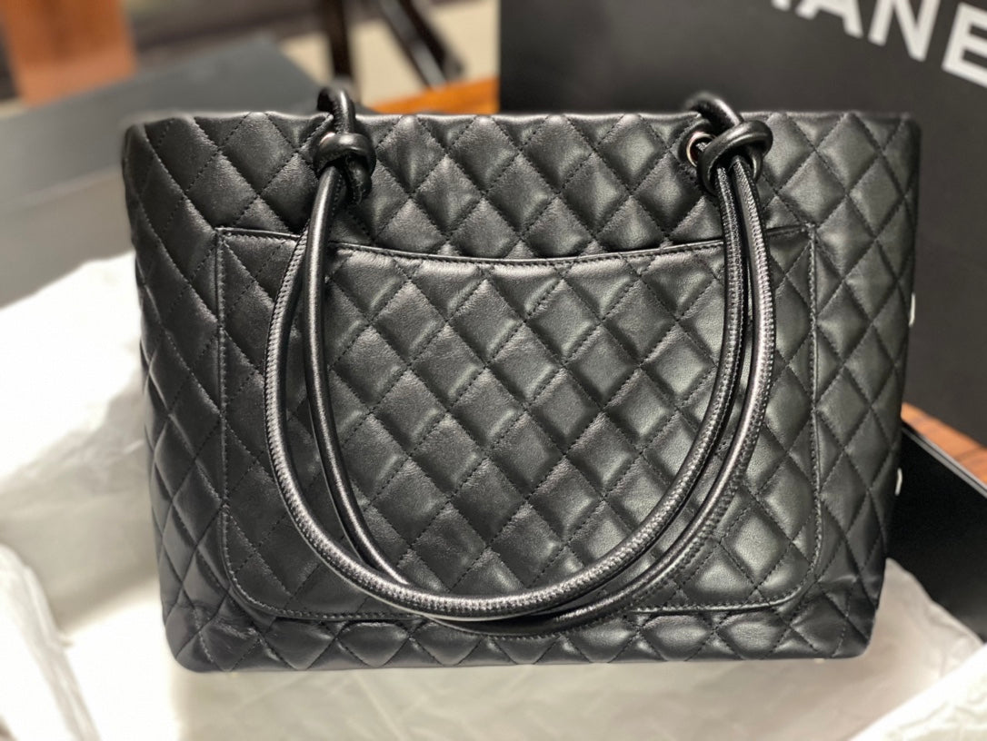 Chanel Cambon Large Tote Bag Black Quilted Lambskin White CC Silver Hardware