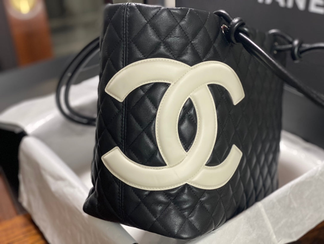 Chanel Cambon Large Tote Bag Black Quilted Lambskin White CC Silver Hardware