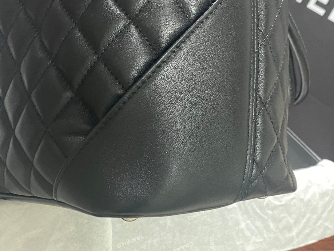 Chanel Cambon Large Tote Bag Black Quilted Lambskin White CC Silver Hardware