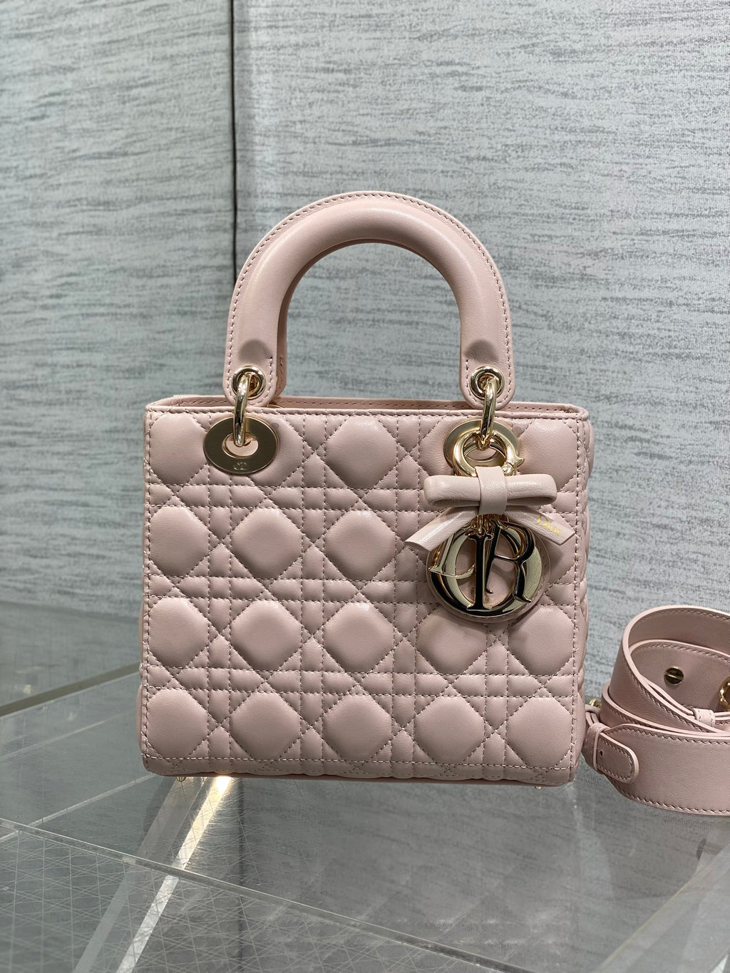 Dior Lady Dior Medium Bag Powder Pink Cannage Lambskin Bow Gold Hardware