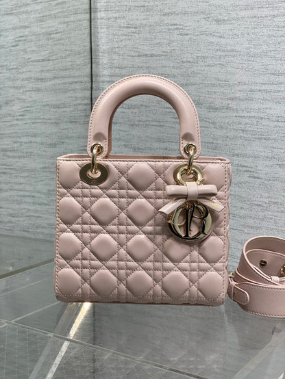 Dior Lady Dior Medium Bag Powder Pink Cannage Lambskin Bow Gold Hardware