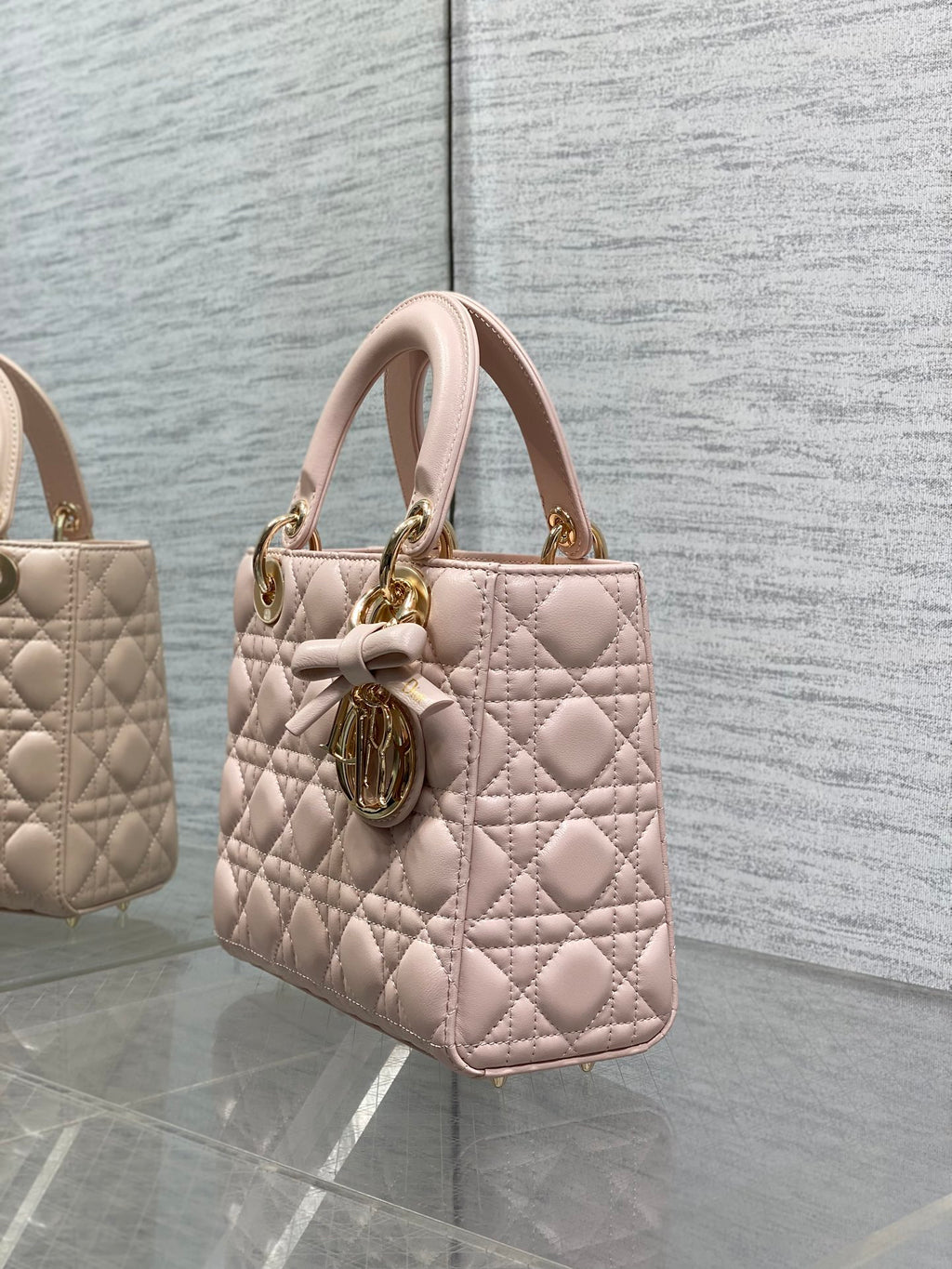 Dior Lady Dior Medium Bag Powder Pink Cannage Lambskin Bow Gold Hardware