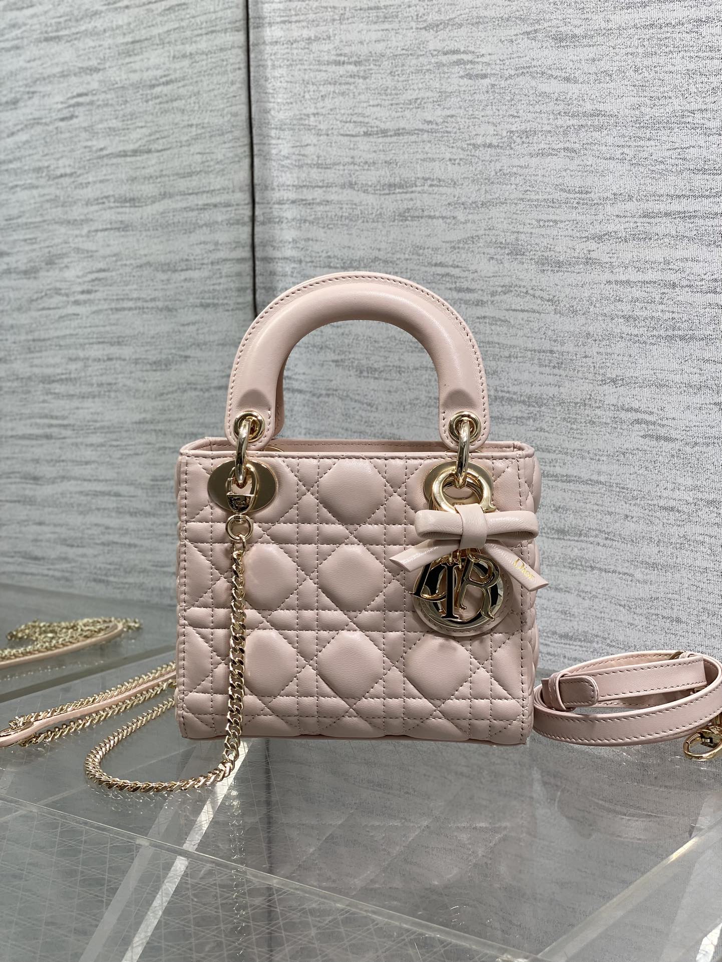 Dior Lady Dior Mini Bag Powder Pink Cannage Lambskin Bow Gold Hardware
