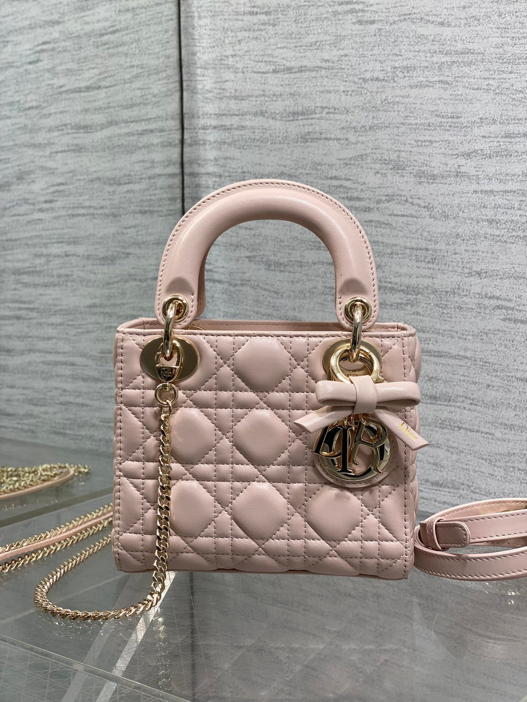 Dior Lady Dior Mini Bag Powder Pink Cannage Lambskin Bow Gold Hardware
