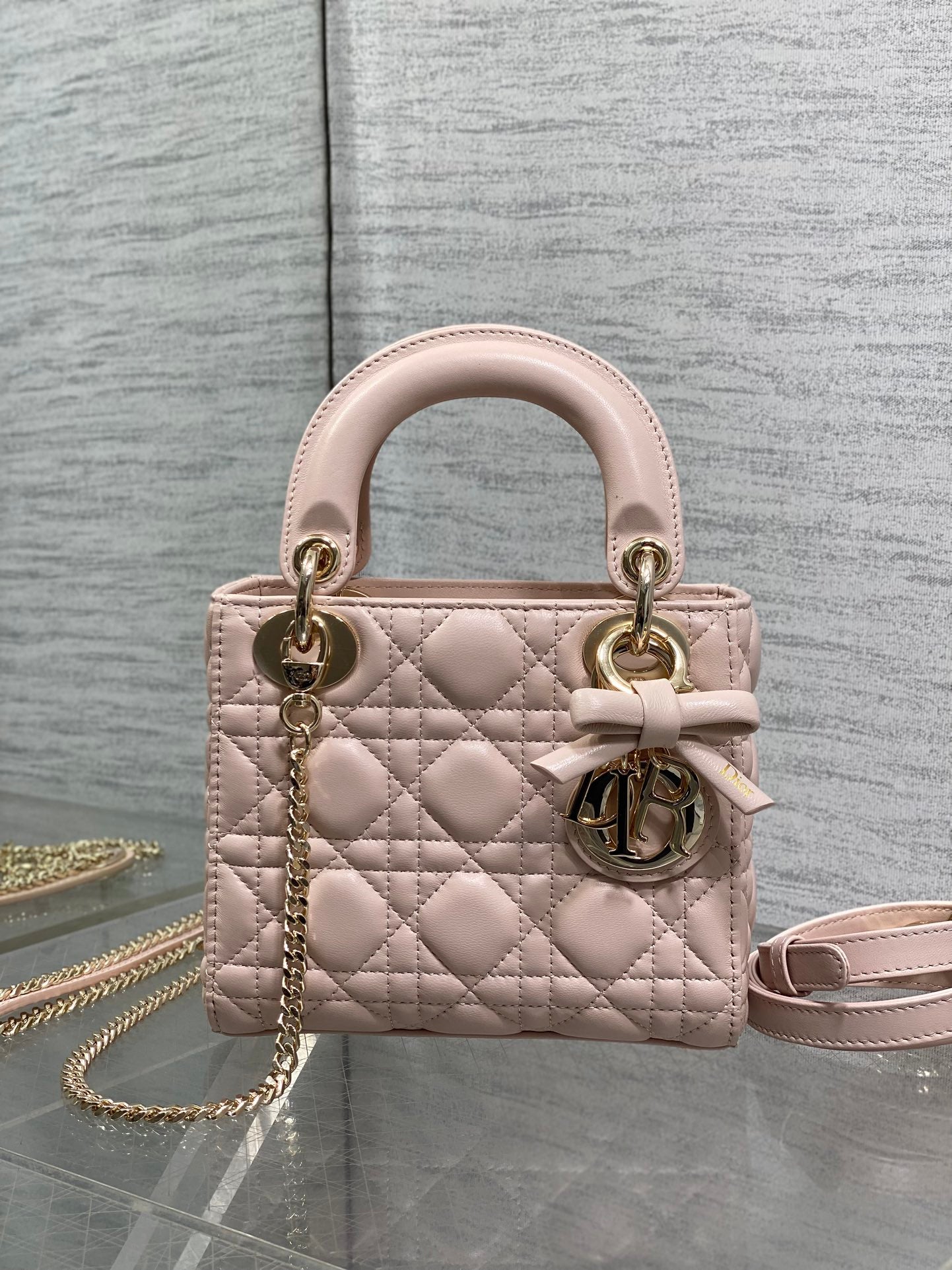Dior Lady Dior Mini Bag Powder Pink Cannage Lambskin Bow Gold Hardware