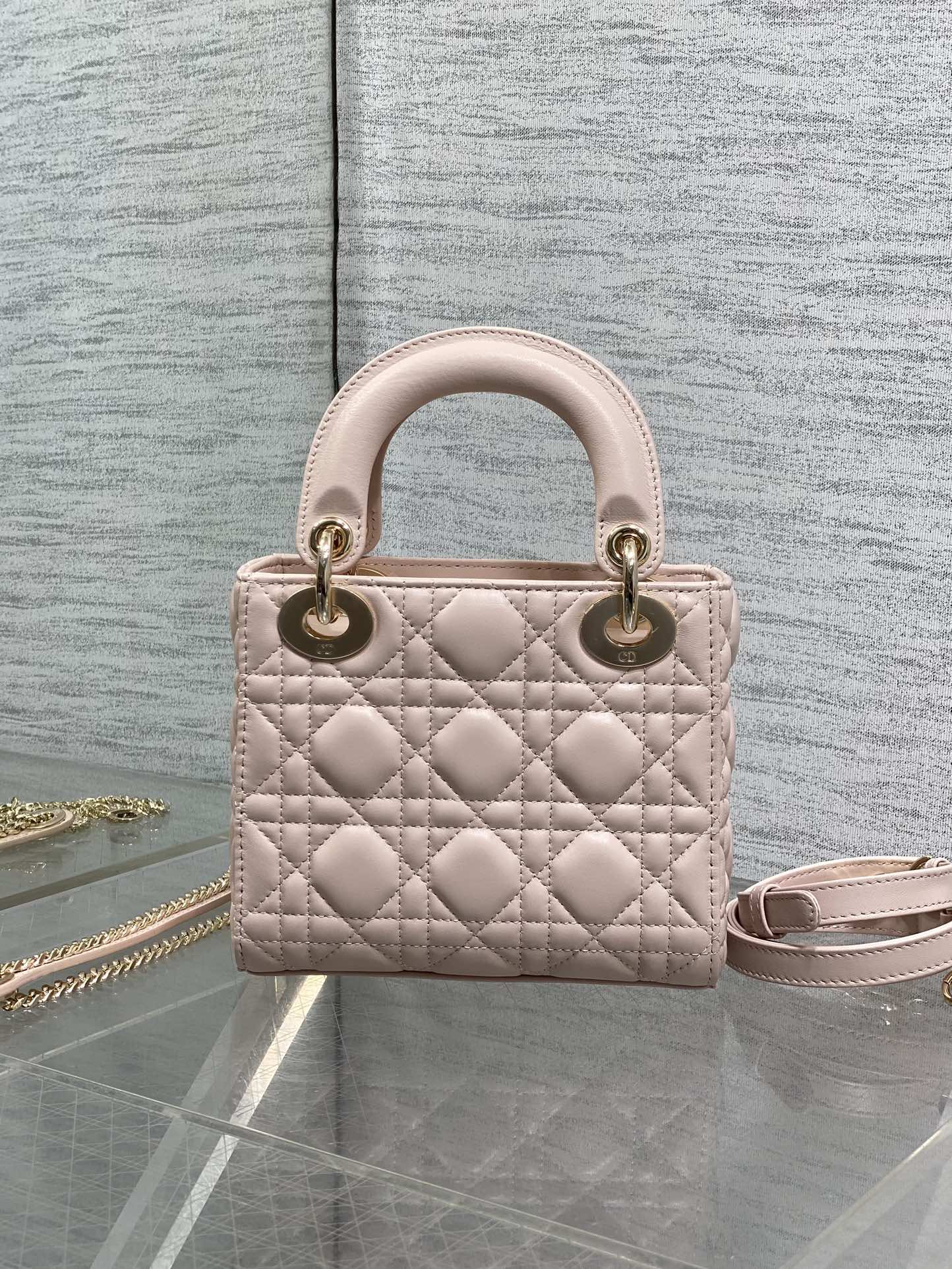 Dior Lady Dior Mini Bag Powder Pink Cannage Lambskin Bow Gold Hardware
