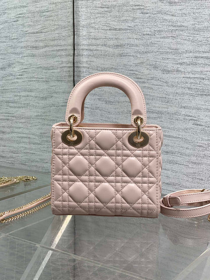Dior Lady Dior Mini Bag Powder Pink Cannage Lambskin Bow Gold Hardware