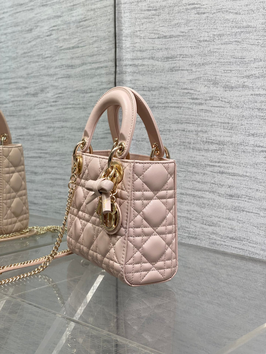 Dior Lady Dior Mini Bag Powder Pink Cannage Lambskin Bow Gold Hardware