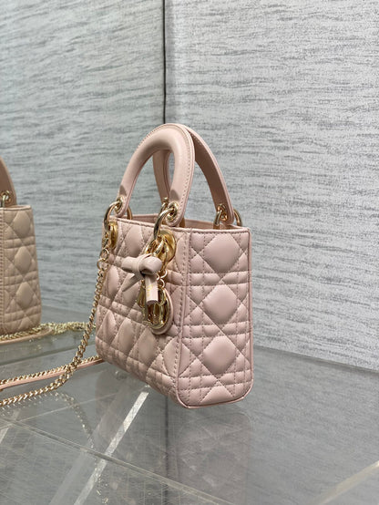 Dior Lady Dior Mini Bag Powder Pink Cannage Lambskin Bow Gold Hardware