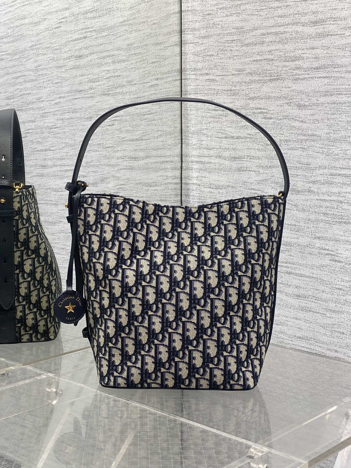 Dior Star Bucket Bag Navy Blue Oblique Jacquard Canvas Black Leather Handle