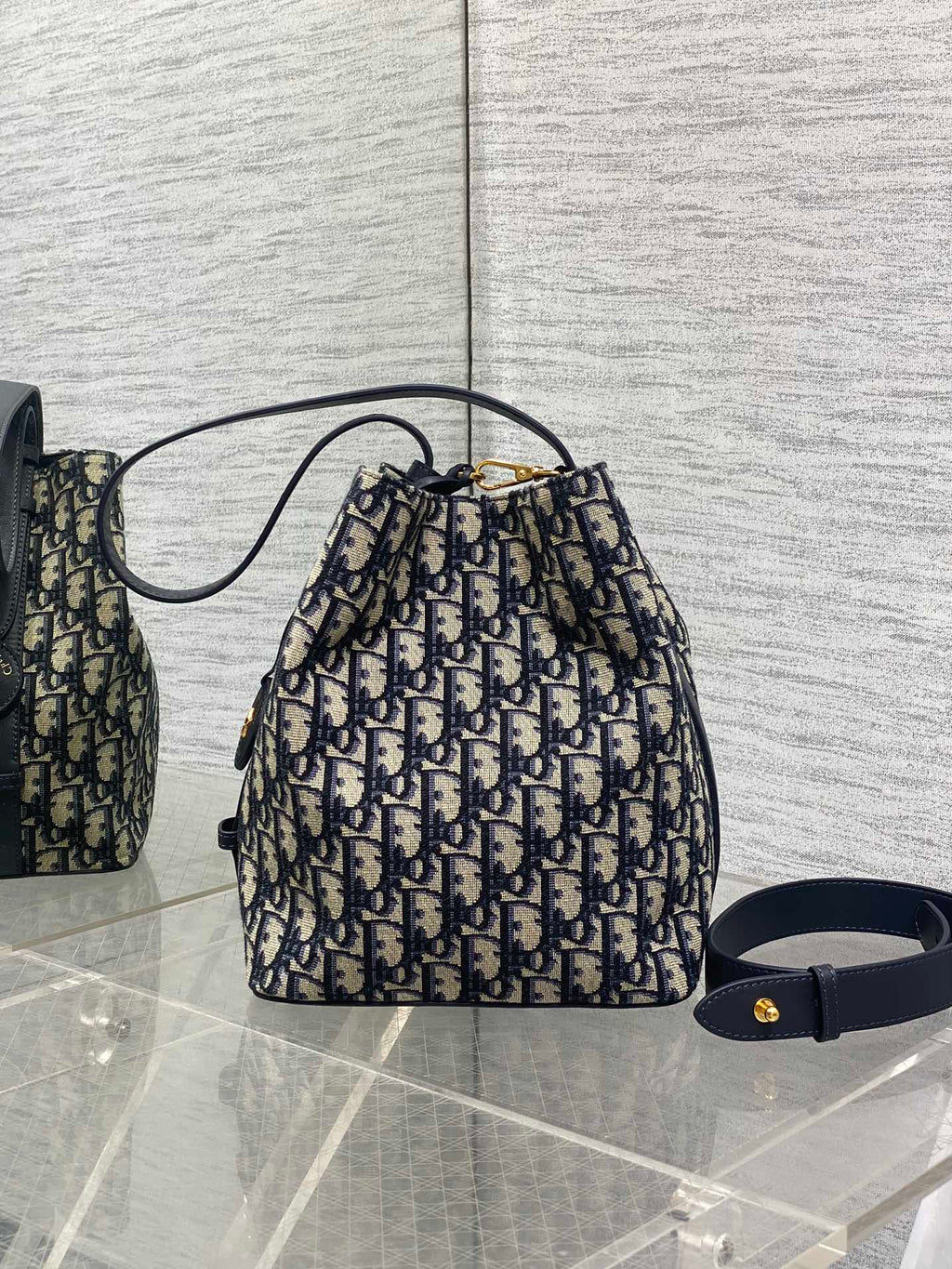 Dior Star Bucket Bag Navy Blue Oblique Jacquard Canvas Black Leather Handle