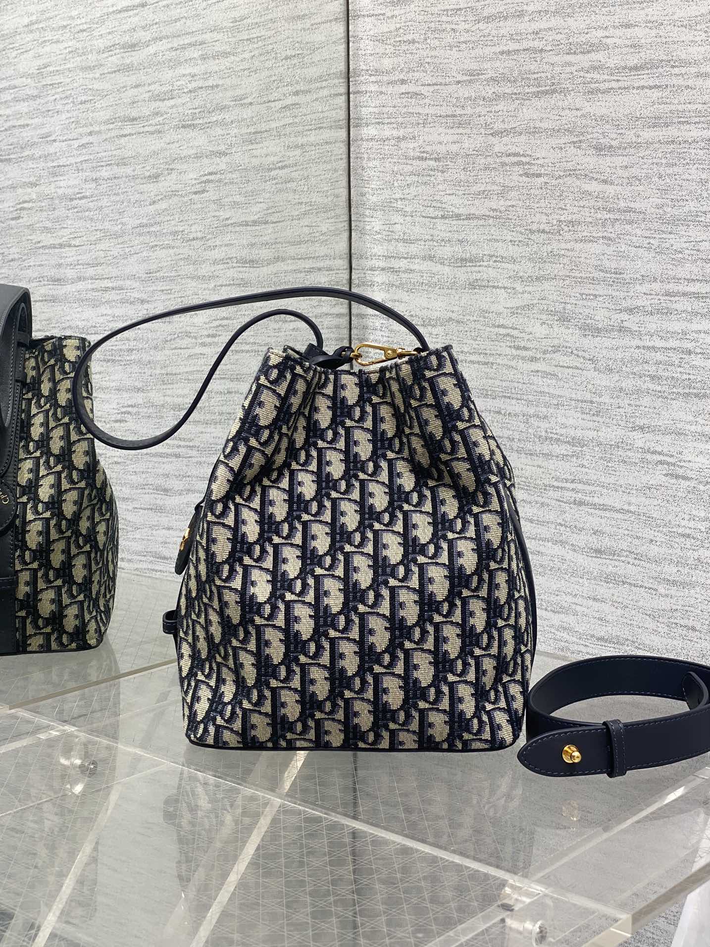 Dior Star Bucket Bag Navy Blue Oblique Jacquard Canvas Black Leather Handle