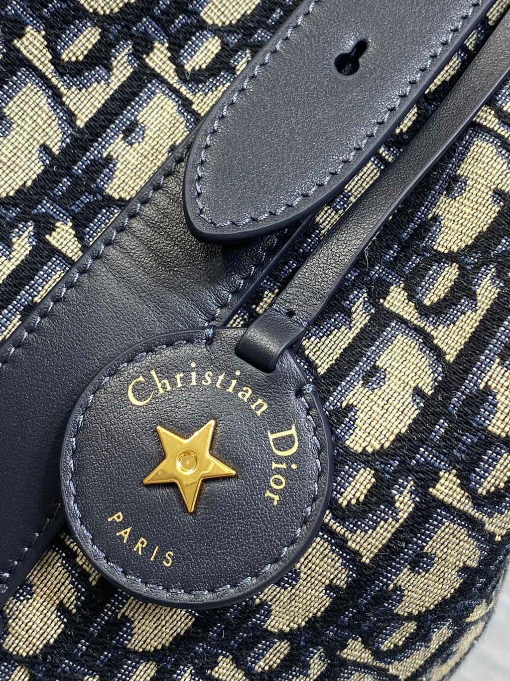 Dior Star Bucket Bag Navy Blue Oblique Jacquard Canvas Black Leather Handle