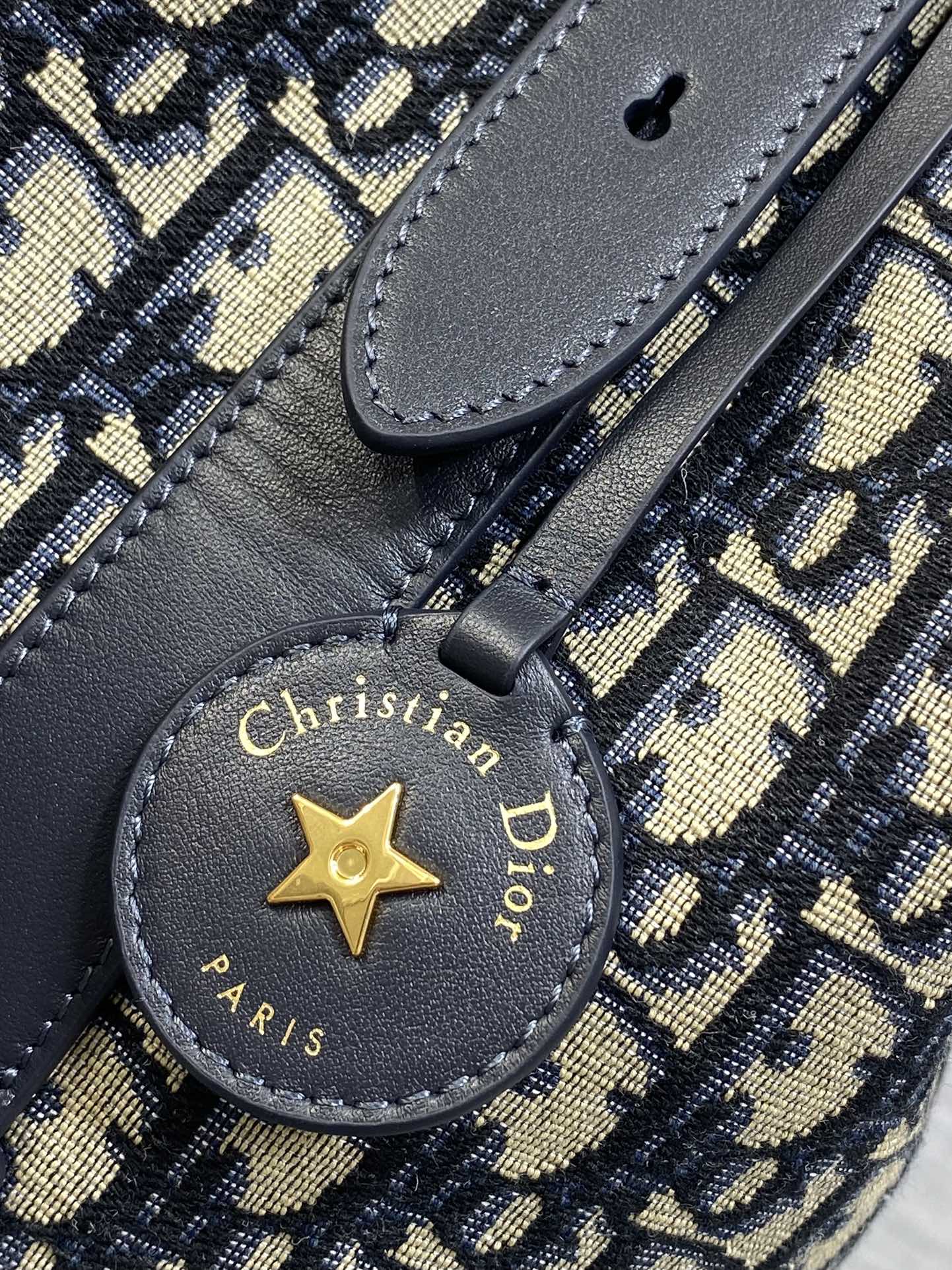 Dior Star Bucket Bag Navy Blue Oblique Jacquard Canvas Black Leather Handle