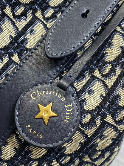 Dior Star Bucket Bag Navy Blue Oblique Jacquard Canvas Black Leather Handle