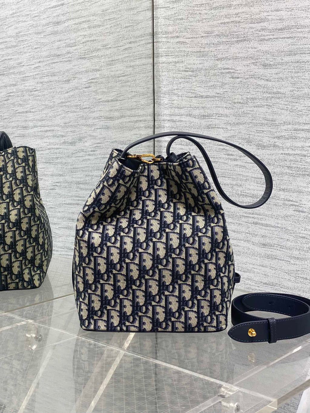 Dior Star Bucket Bag Navy Blue Oblique Jacquard Canvas Black Leather Handle