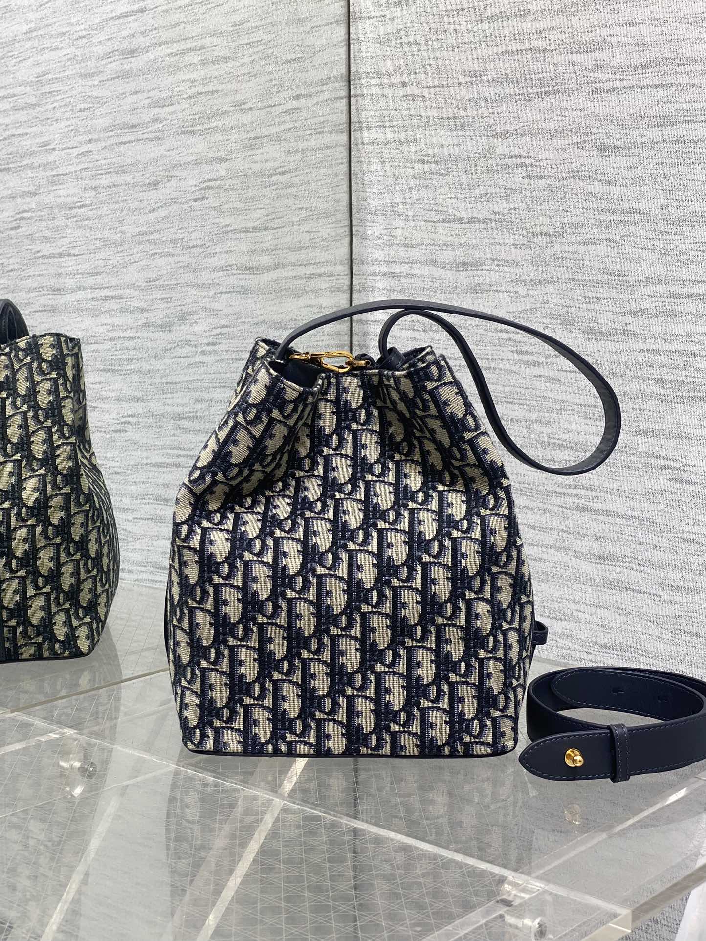 Dior Star Bucket Bag Navy Blue Oblique Jacquard Canvas Black Leather Handle