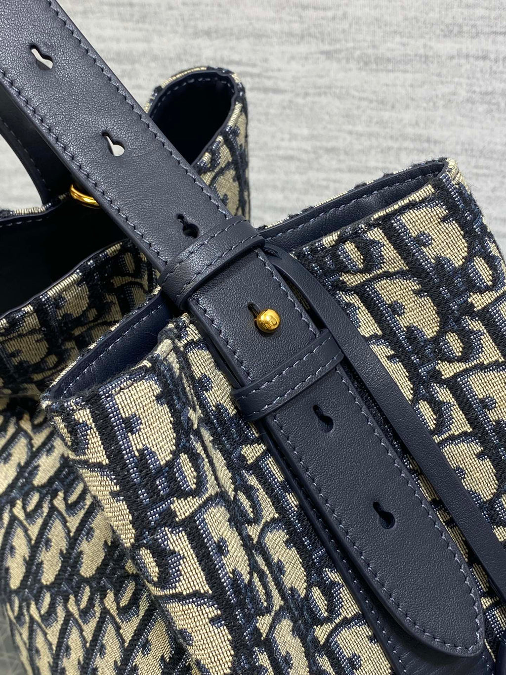 Dior Star Bucket Bag Navy Blue Oblique Jacquard Canvas Black Leather Handle