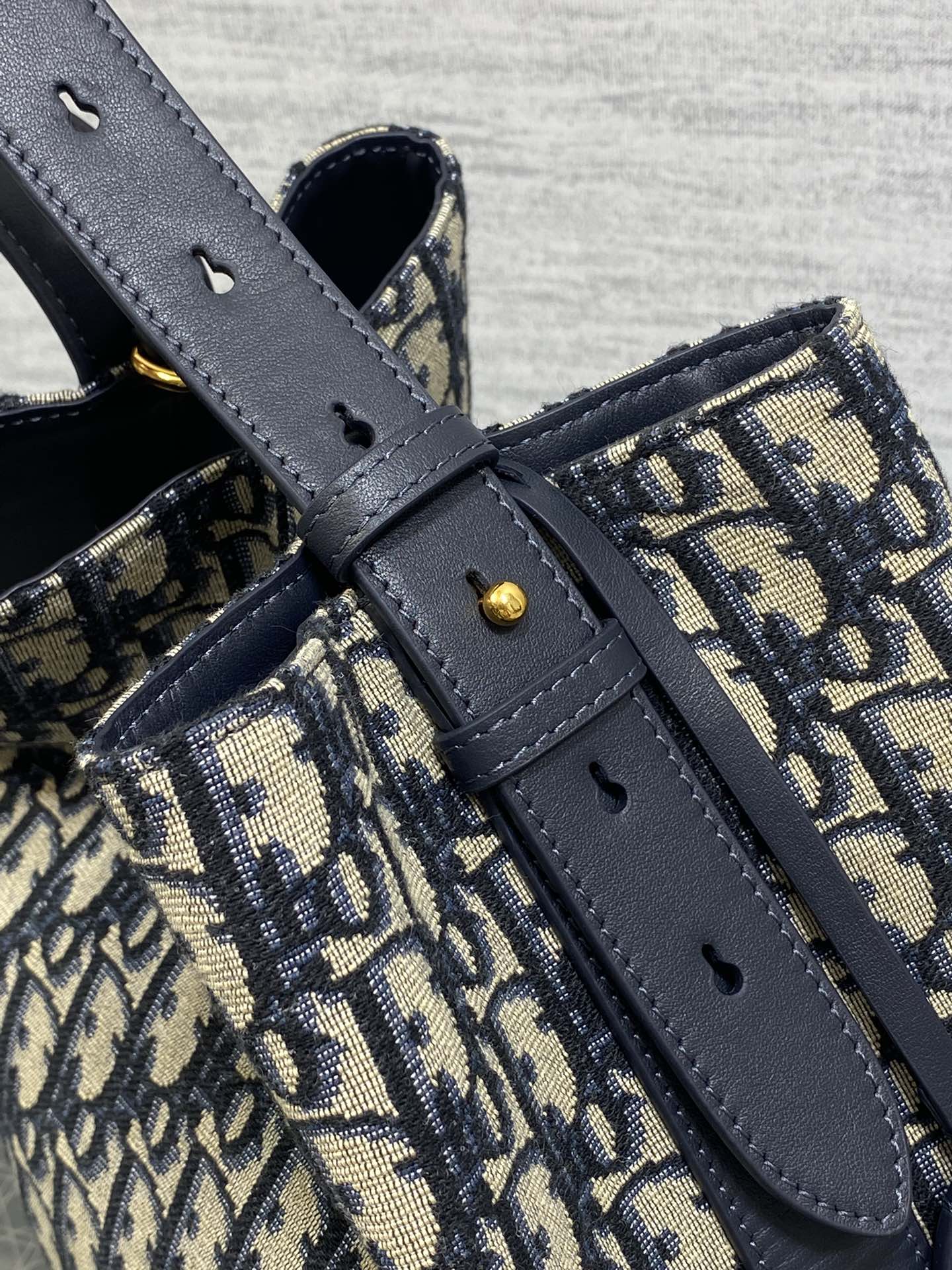 Dior Star Bucket Bag Navy Blue Oblique Jacquard Canvas Black Leather Handle