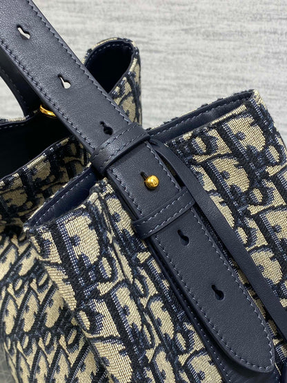 Dior Star Bucket Bag Navy Blue Oblique Jacquard Canvas Black Leather Handle
