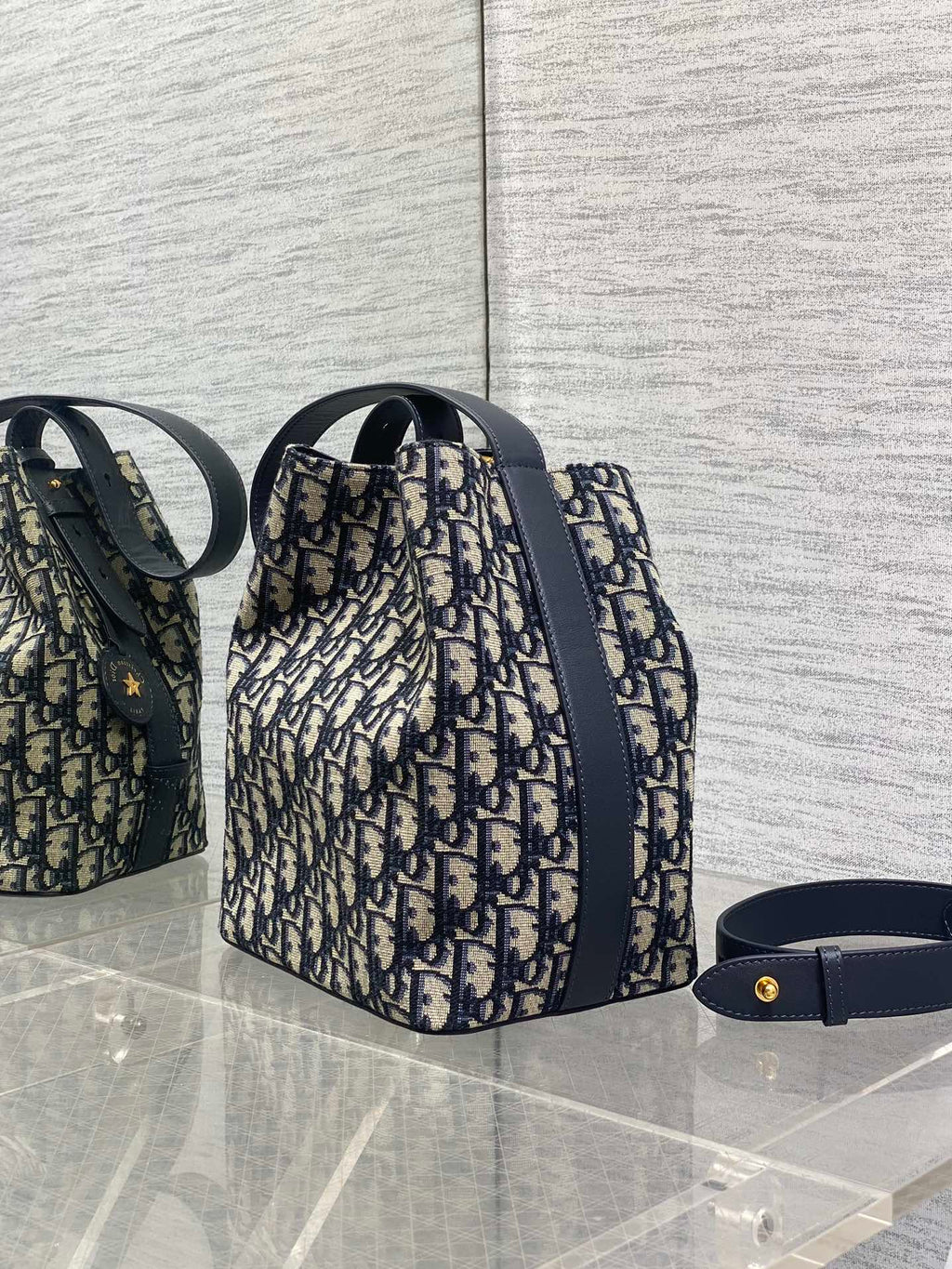 Dior Star Bucket Bag Navy Blue Oblique Jacquard Canvas Black Leather Handle