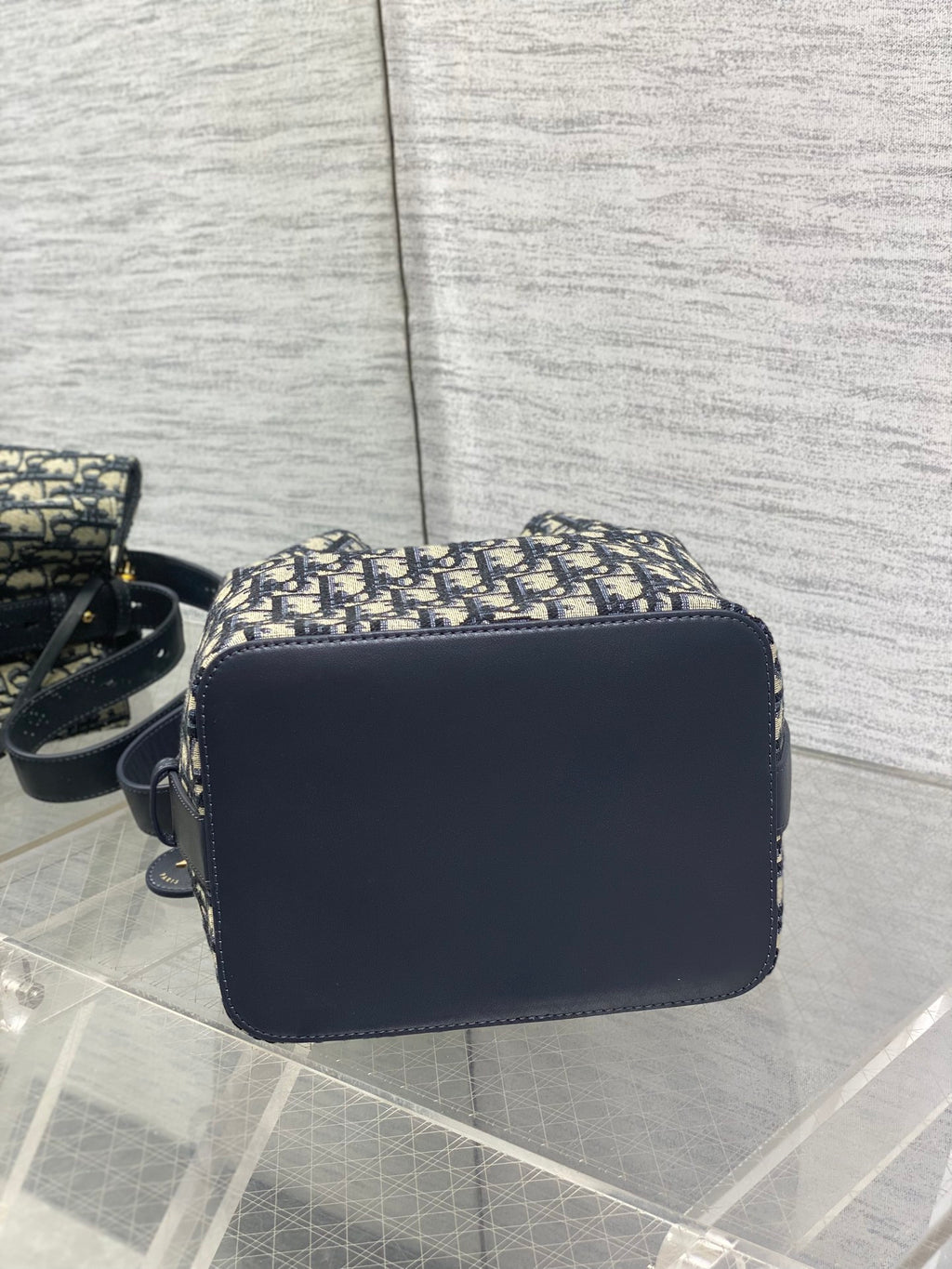 Dior Star Bucket Bag Navy Blue Oblique Jacquard Canvas Black Leather Handle