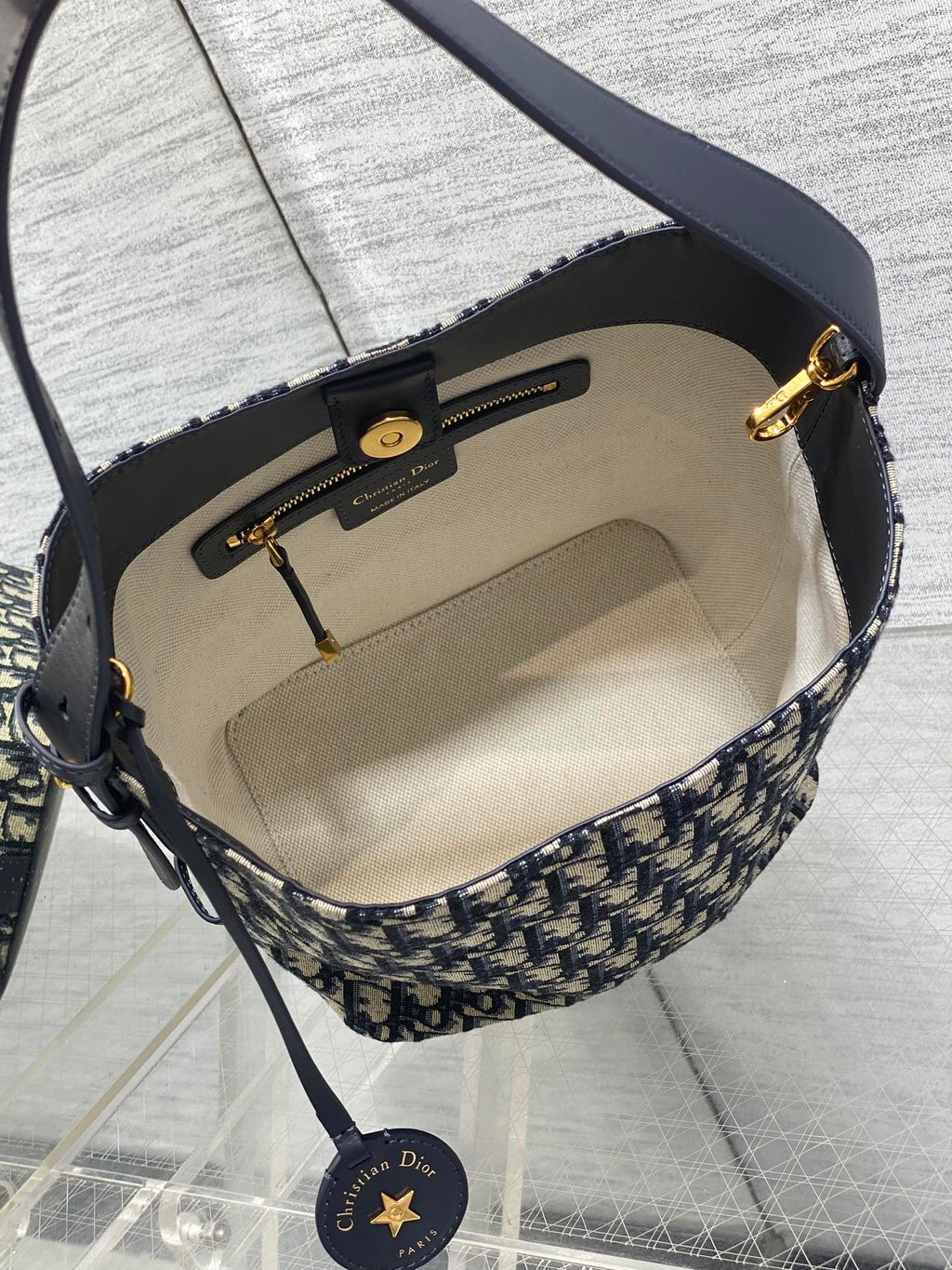 Dior Star Bucket Bag Navy Blue Oblique Jacquard Canvas Black Leather Handle