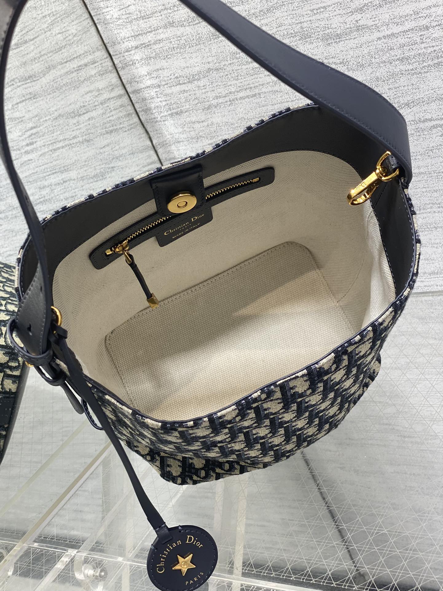 Dior Star Bucket Bag Navy Blue Oblique Jacquard Canvas Black Leather Handle