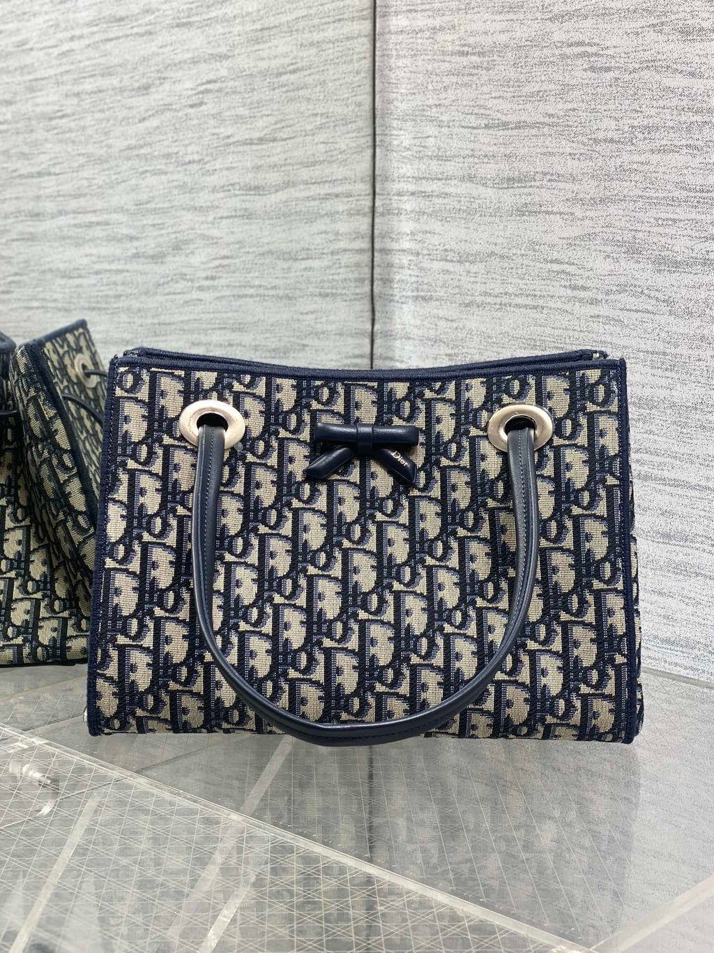Dior 2026 Spring Summer Oblique Jacquard Tote Bag with Bow Navy Blue