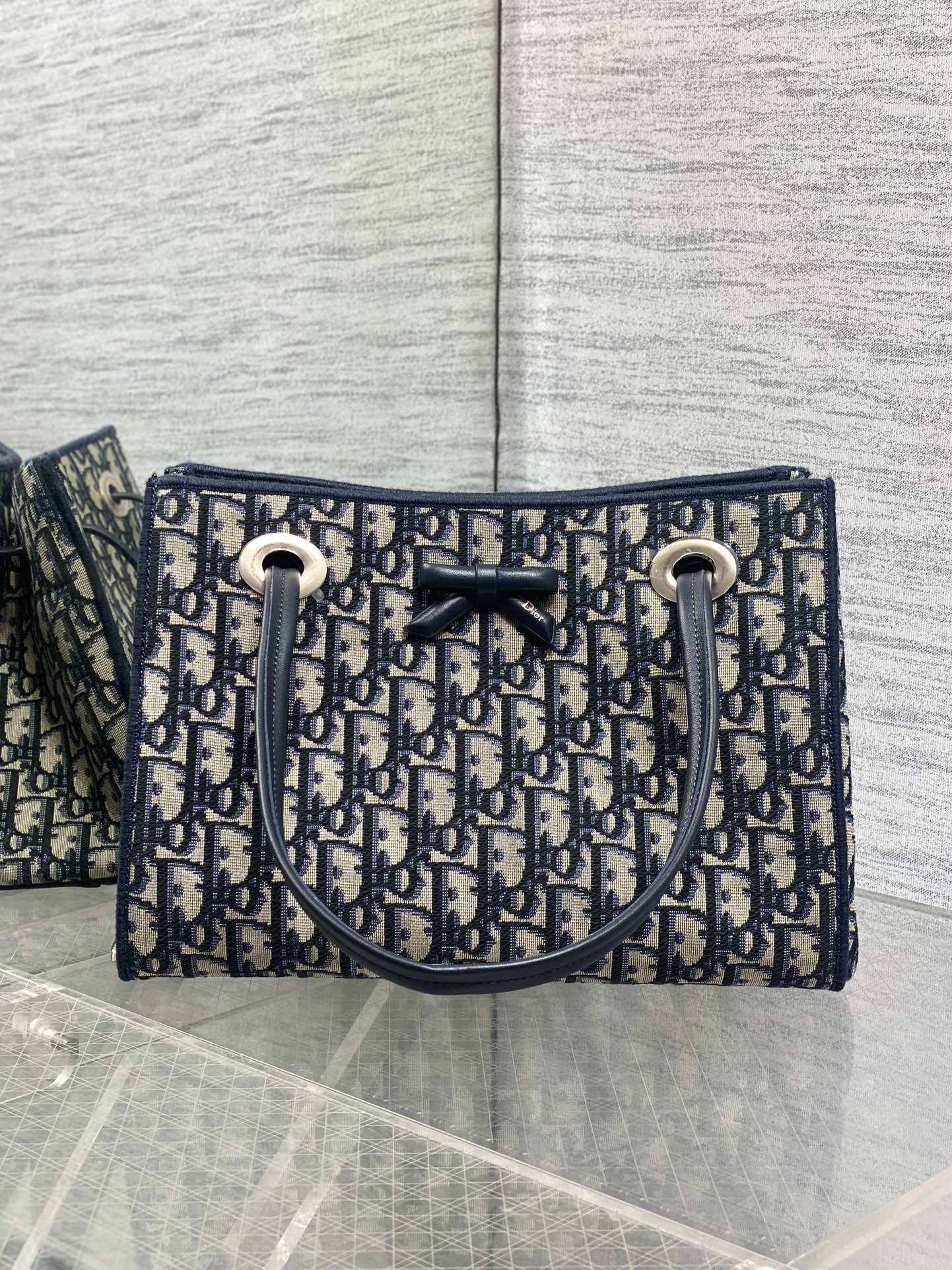 Dior 2026 Spring Summer Oblique Jacquard Tote Bag with Bow Navy Blue