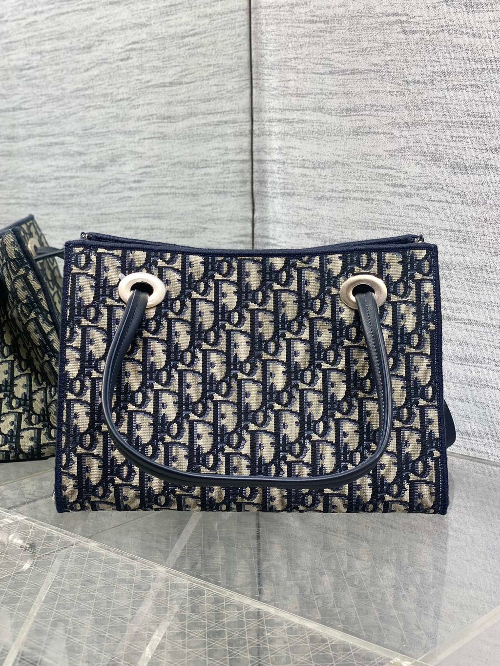 Dior 2026 Spring Summer Oblique Jacquard Tote Bag with Bow Navy Blue