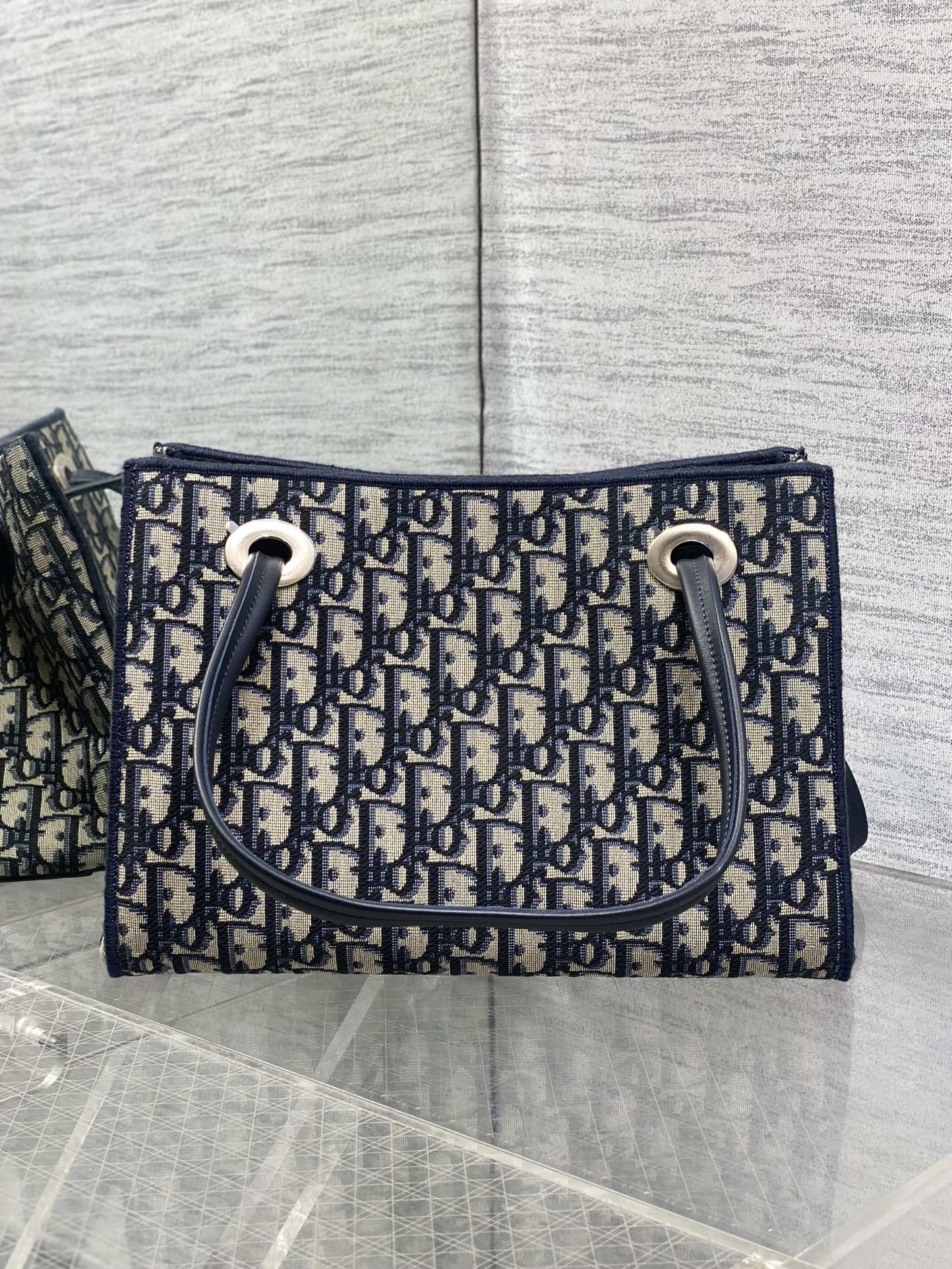 Dior 2026 Spring Summer Oblique Jacquard Tote Bag with Bow Navy Blue