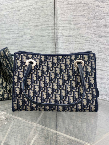 Dior 2026 Spring Summer Oblique Jacquard Tote Bag with Bow Navy Blue