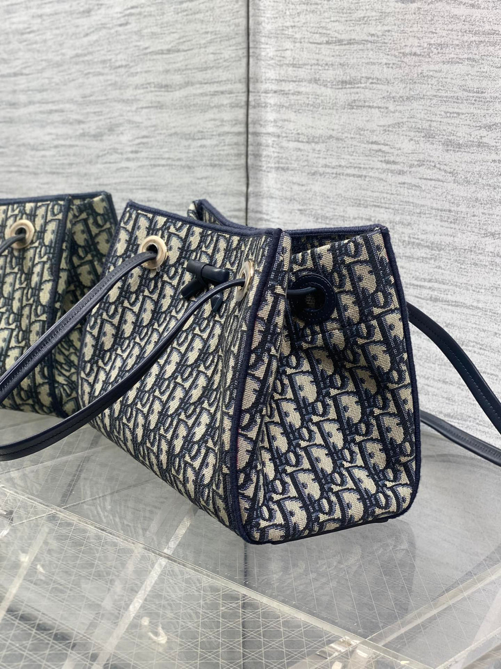 Dior 2026 Spring Summer Oblique Jacquard Tote Bag with Bow Navy Blue